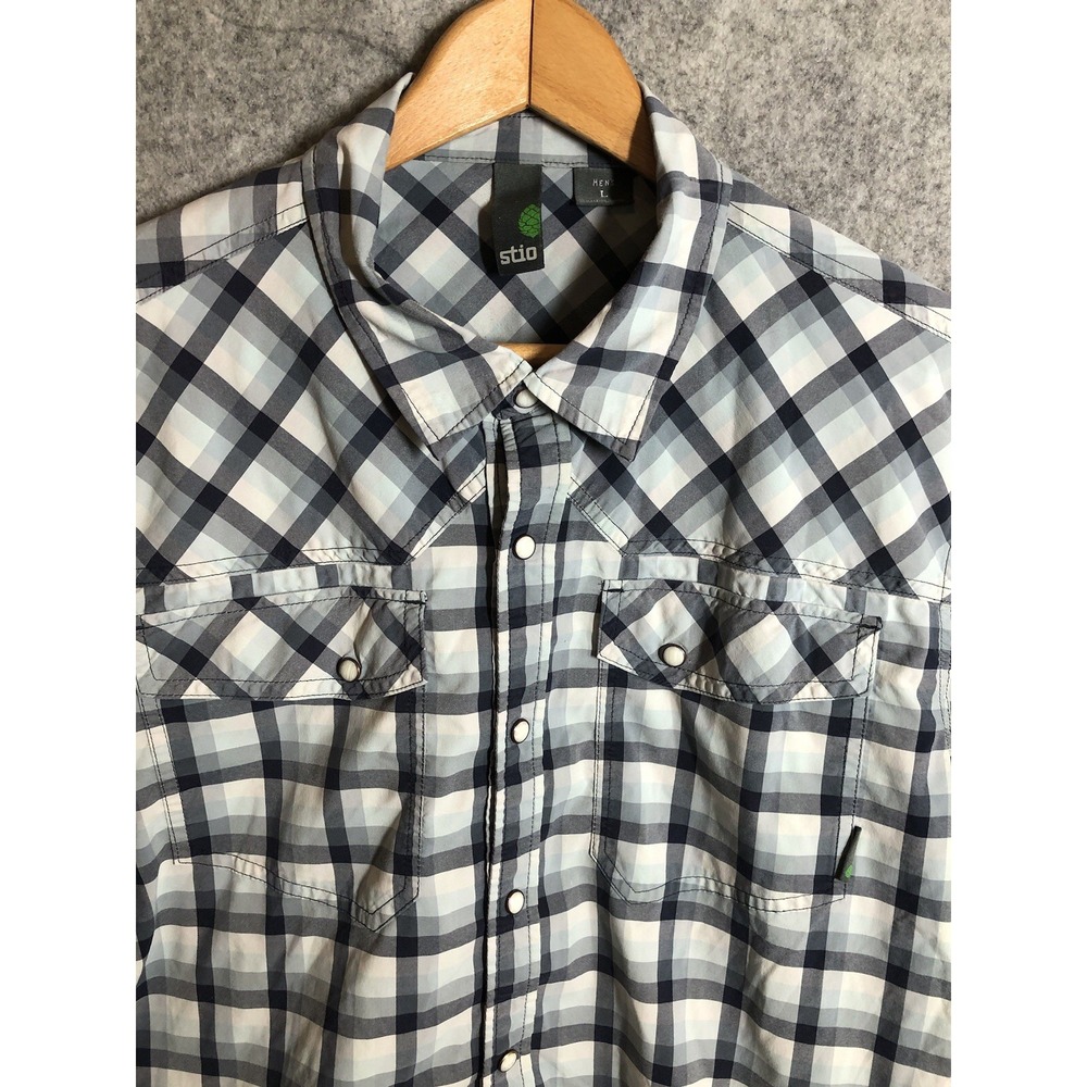 Stio Shirt Mens L Gray Plaid Eddy Fishing Hiking Western Pearl Snap Outdoors